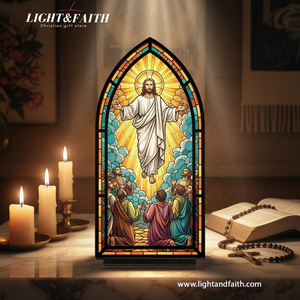 Christian Jesus Ascension Book Nook Decor, Stained Glass Window Style LED Light, Religious Home Altar Decoration, Easter Faith Gift for Believers BNLAF18